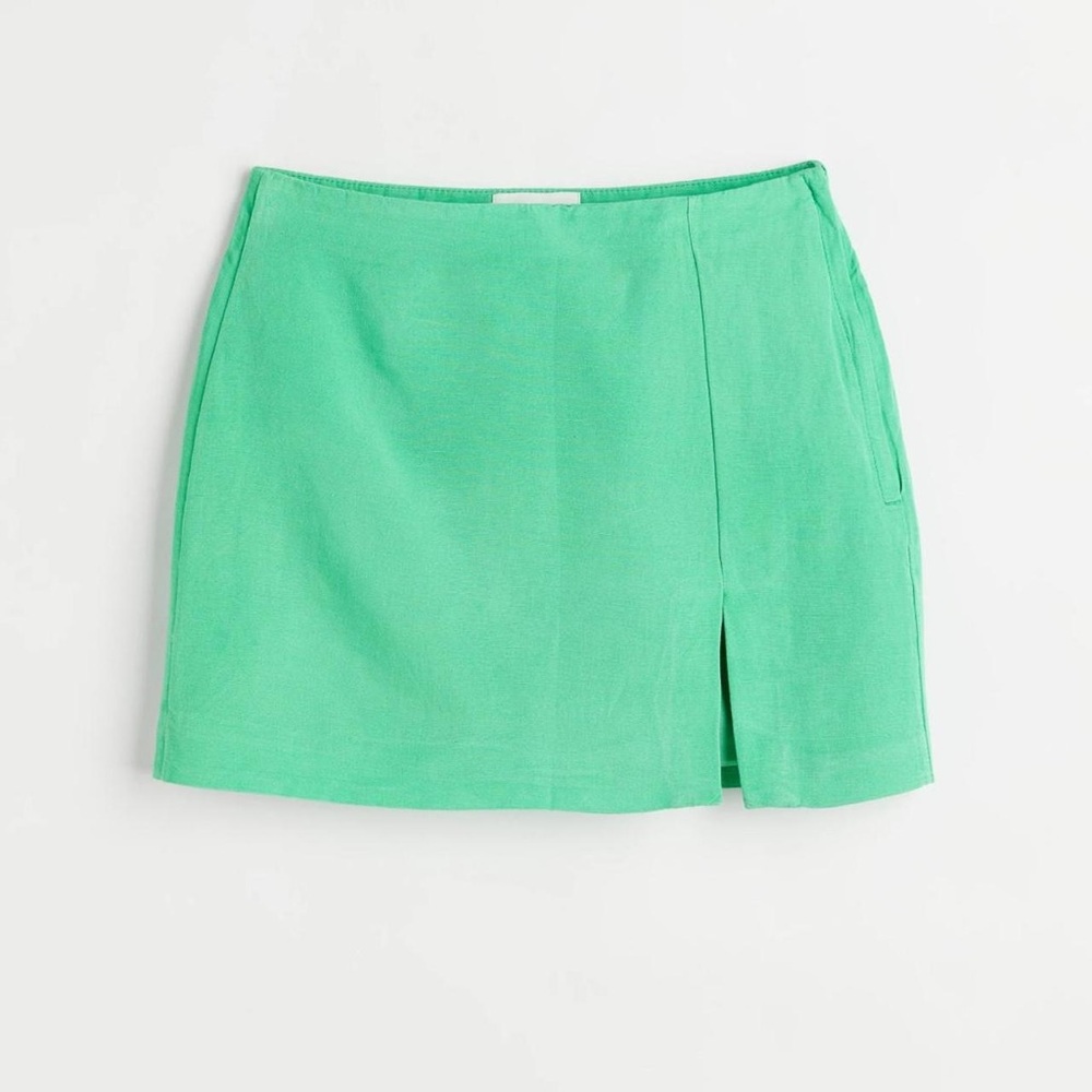 Green Mini Linen Skirt with Side Slit